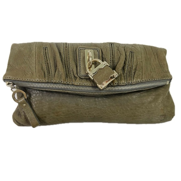 Vintage Charles David Olive Green Gray Leather Clutch